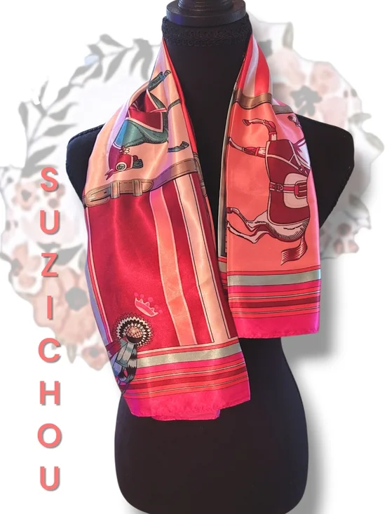 Suzhichou Silk  Equestrian Horse Print Scarf - Pink, Coral, Aqua - Picture 4 of 6